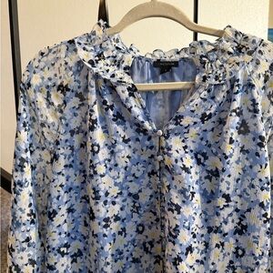 Ann Taylor Blue Floral Blouse with Ruffle Detail